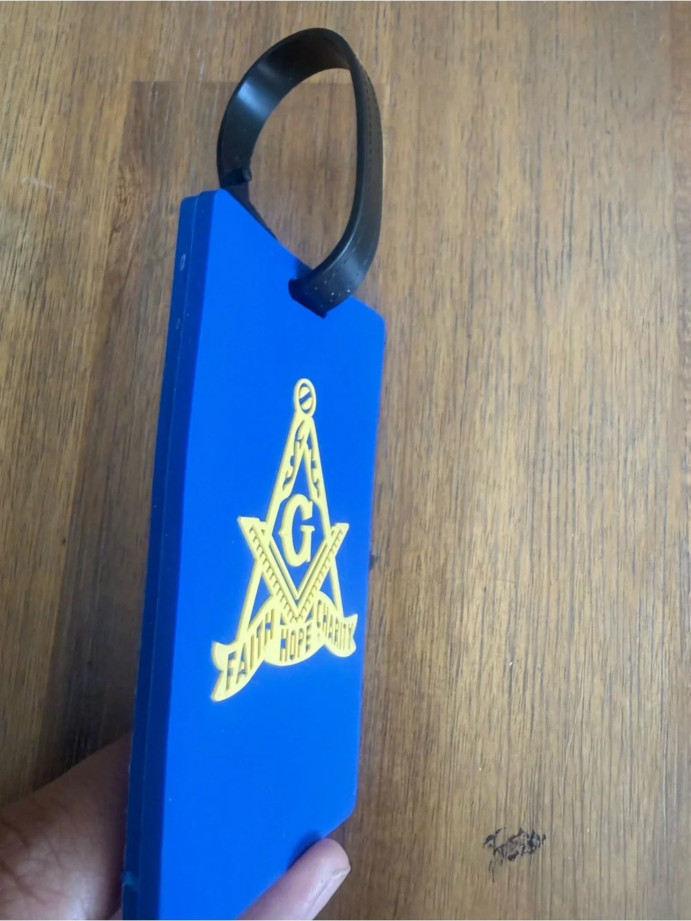 Blue Masonic Luggage Tag with yellow Emblem